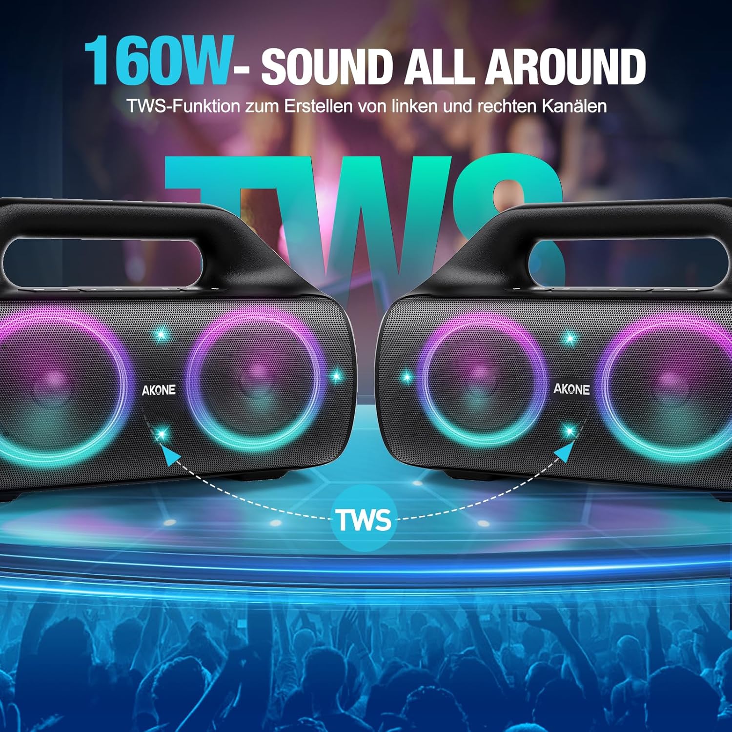 AKONE Portable Bluetooth Speaker, 80W Peak Wireless Outdoor Speaker with LED Light, Deep Bass, 20 Hour Playtime, IP67 Waterproof Bluetooth Speaker, Loud Party Speakers for Camping, Beach, Garage