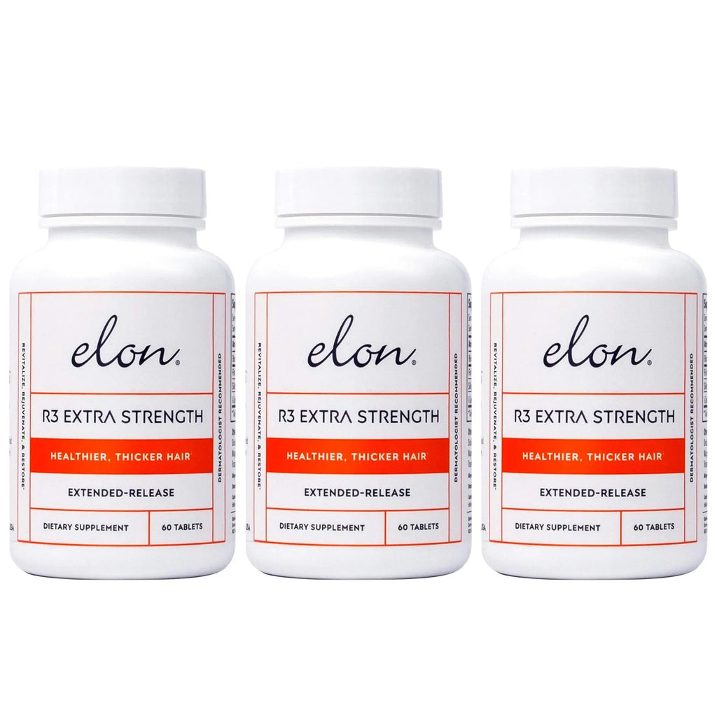 Three-pack of Elon R3 hair growth vitamins with biotin and collagen peptides