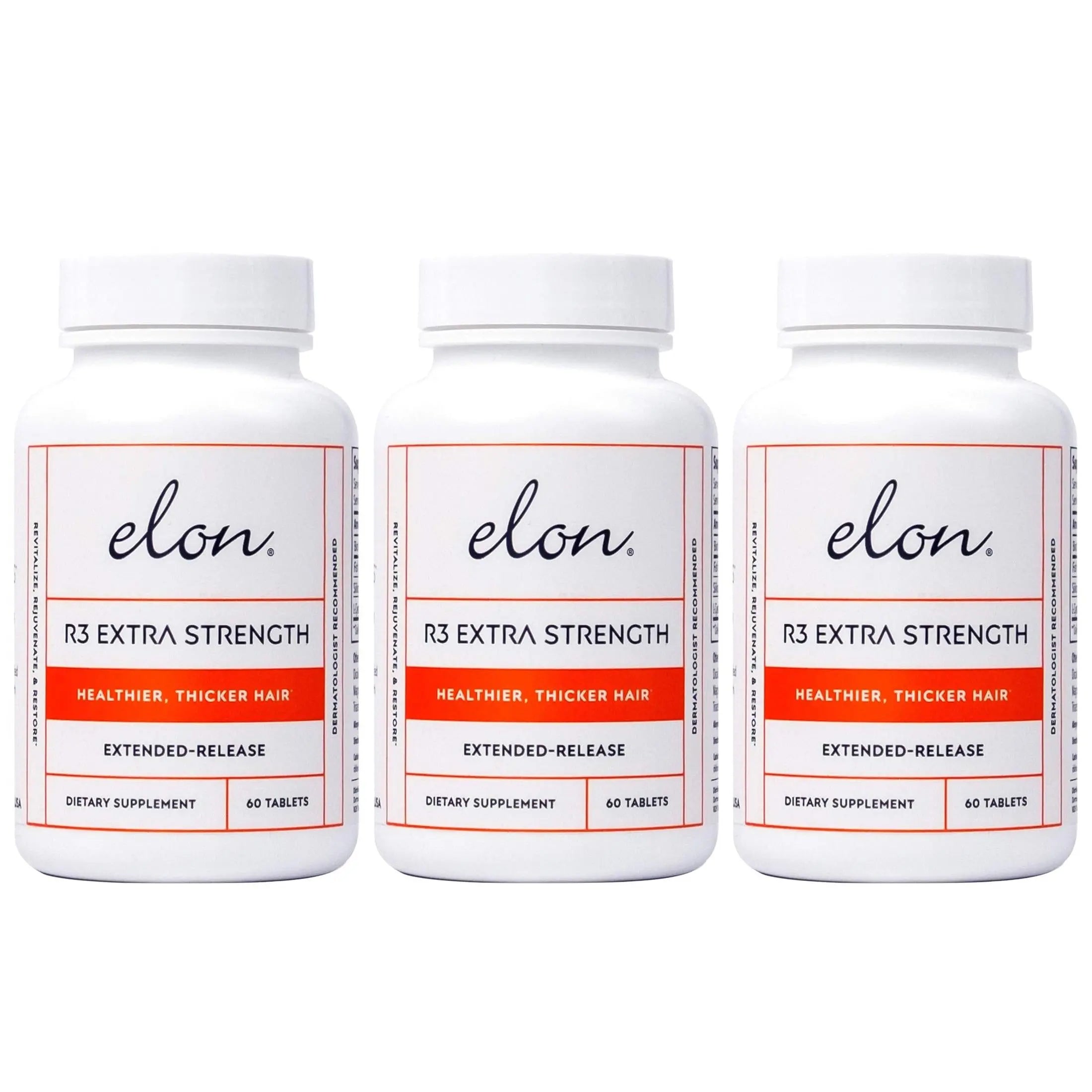 Three-pack of Elon R3 hair growth vitamins with biotin and collagen peptides