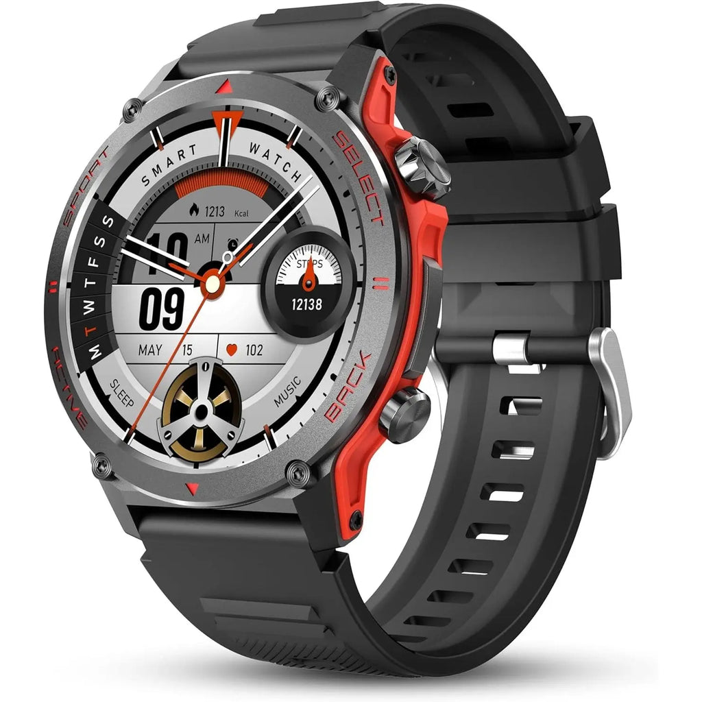 Red and silver round smartwatch with black silicone strap and multi-function dial