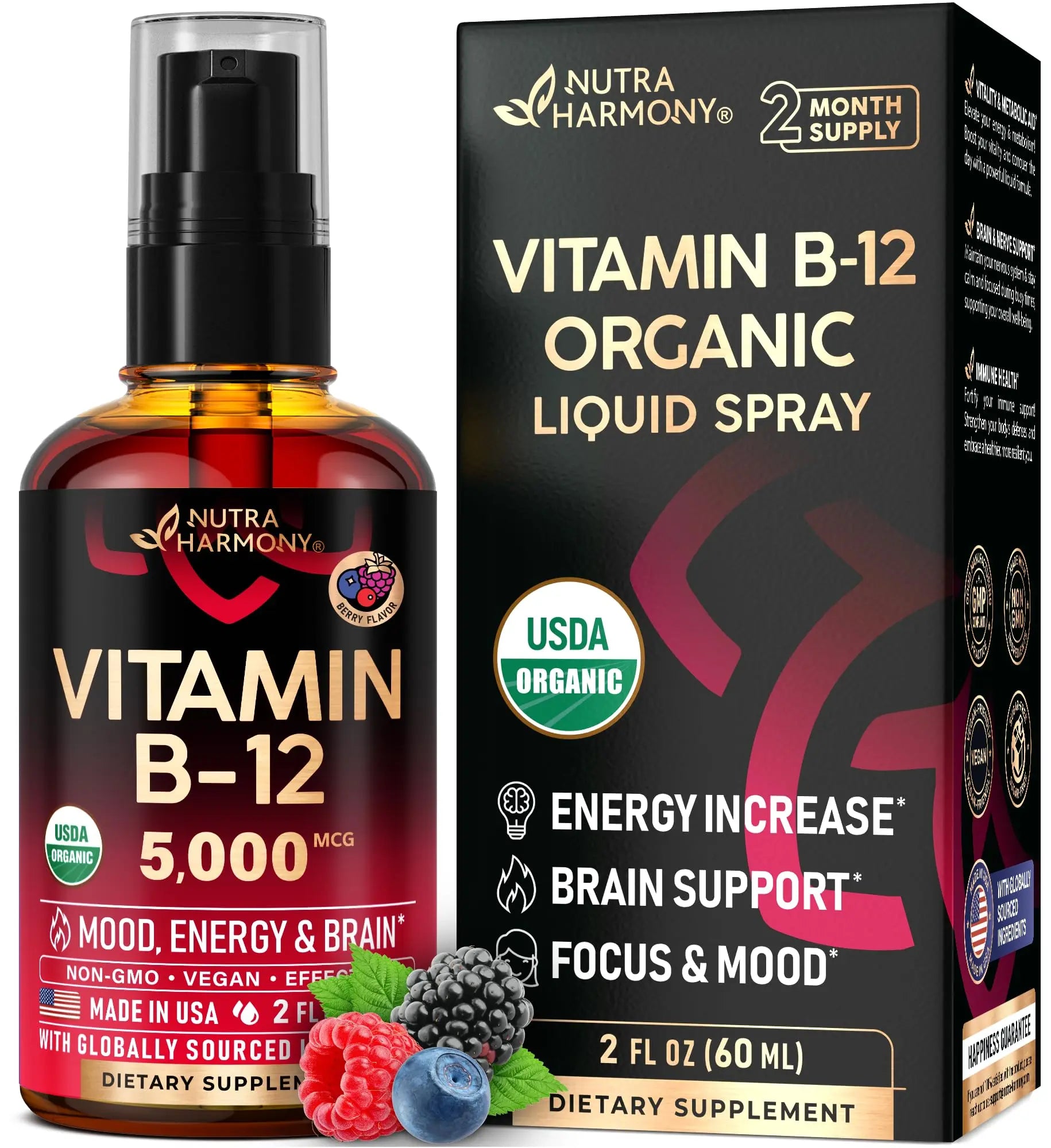 USDA Organic Vitamin B12 Sublingual Drops - 5000 mcg Liquid Vegan Methylcobalamin for Women & Men - Energy Boost, Focus & Mood, Brain Health Support - Maximize Absorption - 2 Month Supply, 2 fl oz