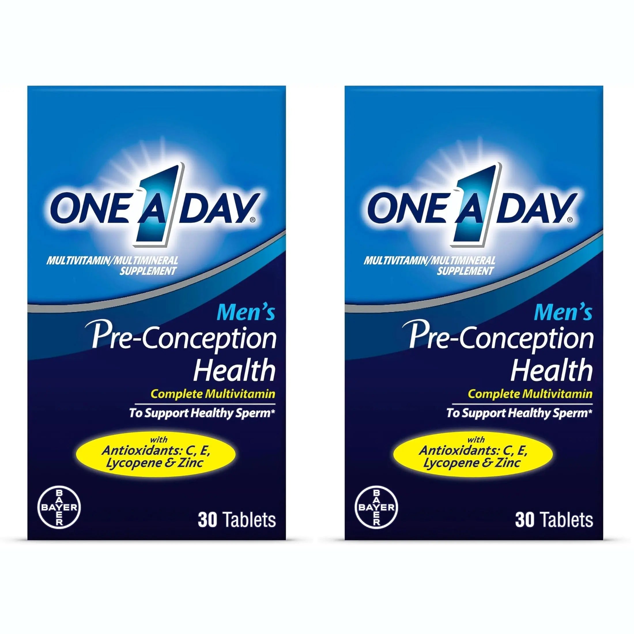 Two boxes of One A Day Men's Pre-Conception Health multivitamin supplements
