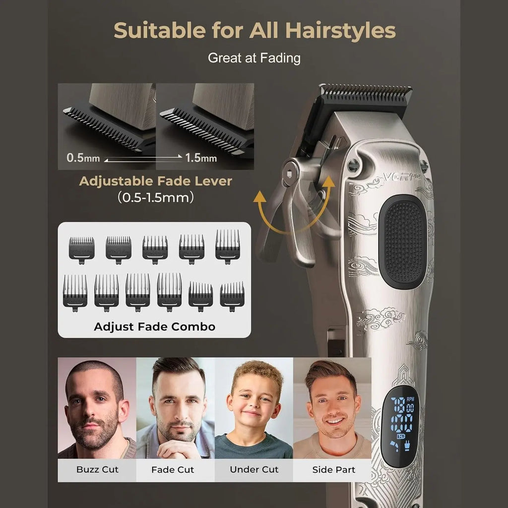 VGRPRO adjustable fade hair clipper with 10 guide combs for all hairstyles