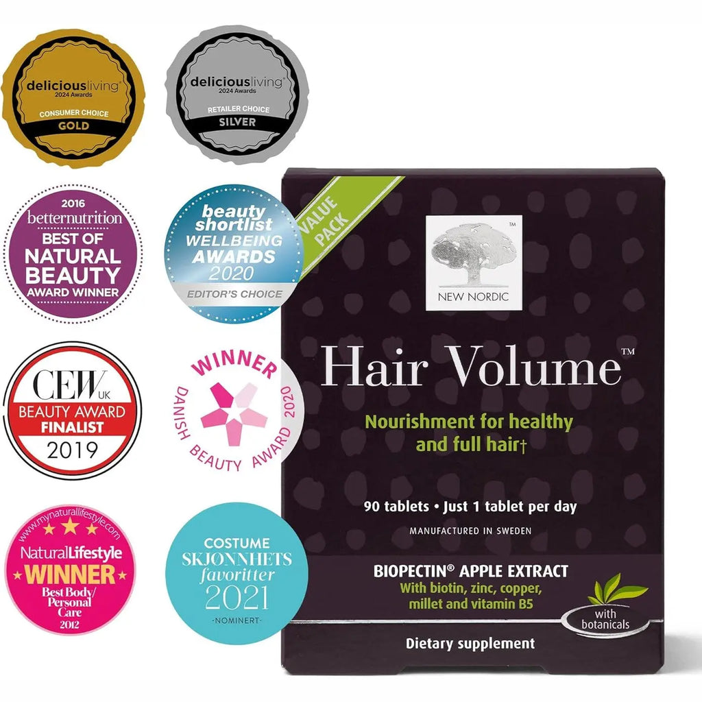 NEW NORDIC Hair Volume Tablets, 3000 mcg Biotin & Biopectin Apple Extract, Hair Vitamins to Support Natural Hair Growth, 90 Count (Pack of 1)