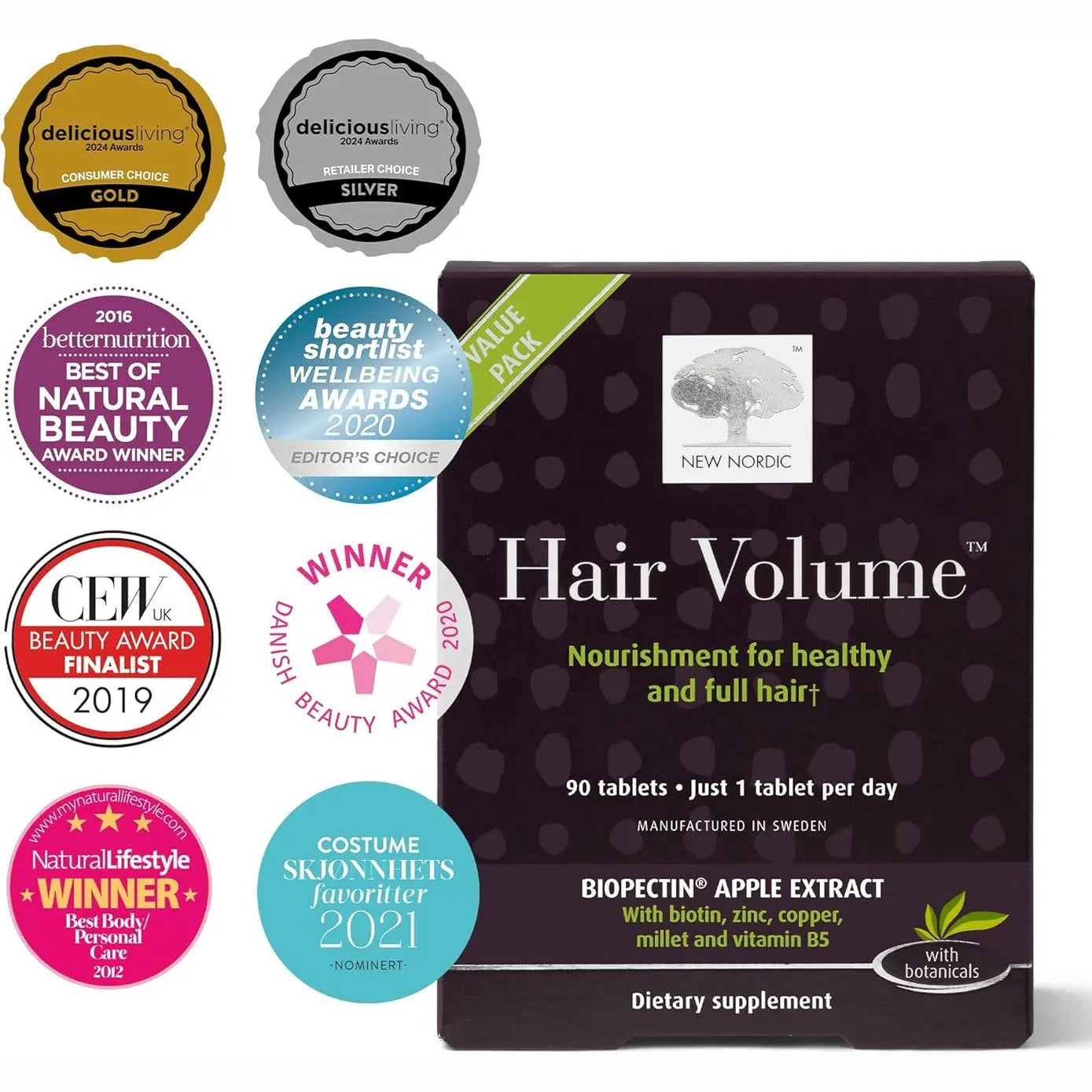 NEW NORDIC Hair Volume Tablets, 3000 mcg Biotin & Biopectin Apple Extract, Hair Vitamins to Support Natural Hair Growth, 90 Count (Pack of 1)