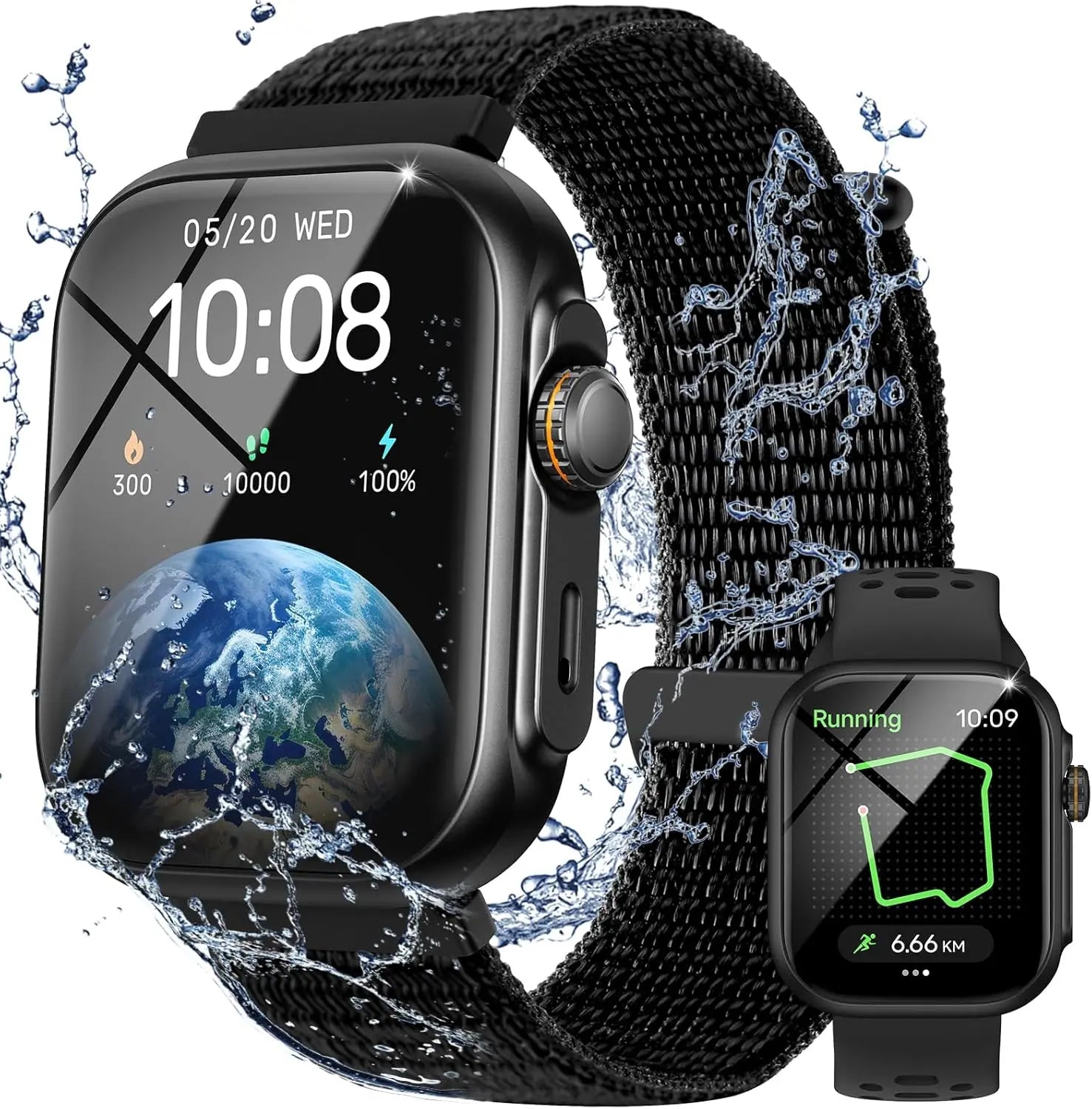 Parsonver black fabric strap smartwatch with water splashes and running mode display