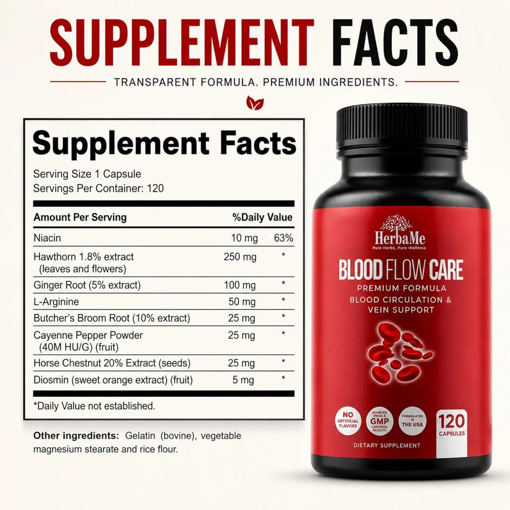HerbaMe Blood Flow Care supplement facts panel showing Niacin L-Arginine and herbal extracts
