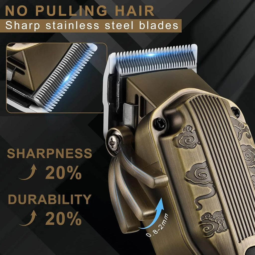Close-up of sharp stainless steel blades on bronze Scttomon hair clipper with adjustable length lever