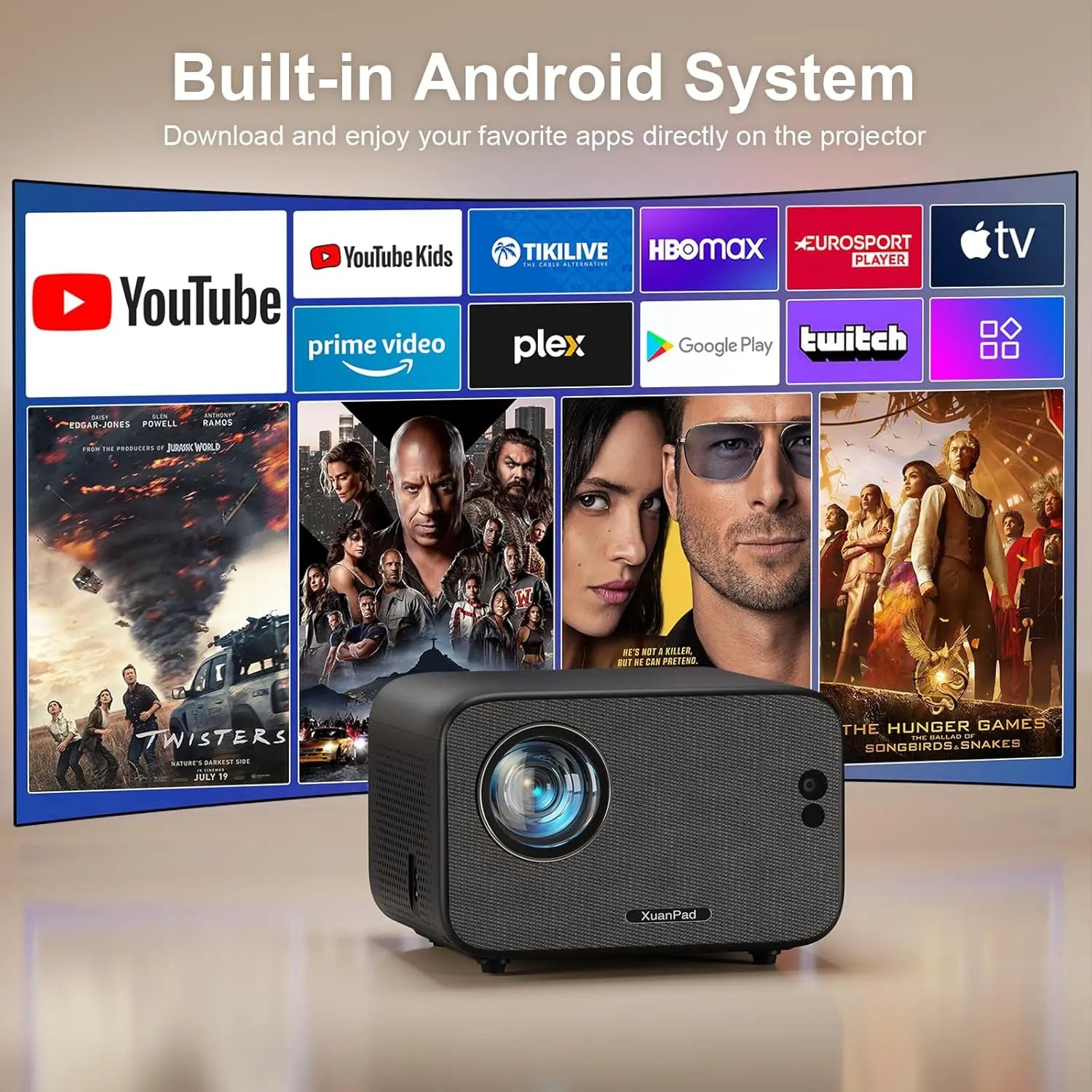 XuanPad smart projector with built-in Android system displaying YouTube and HBO Max apps