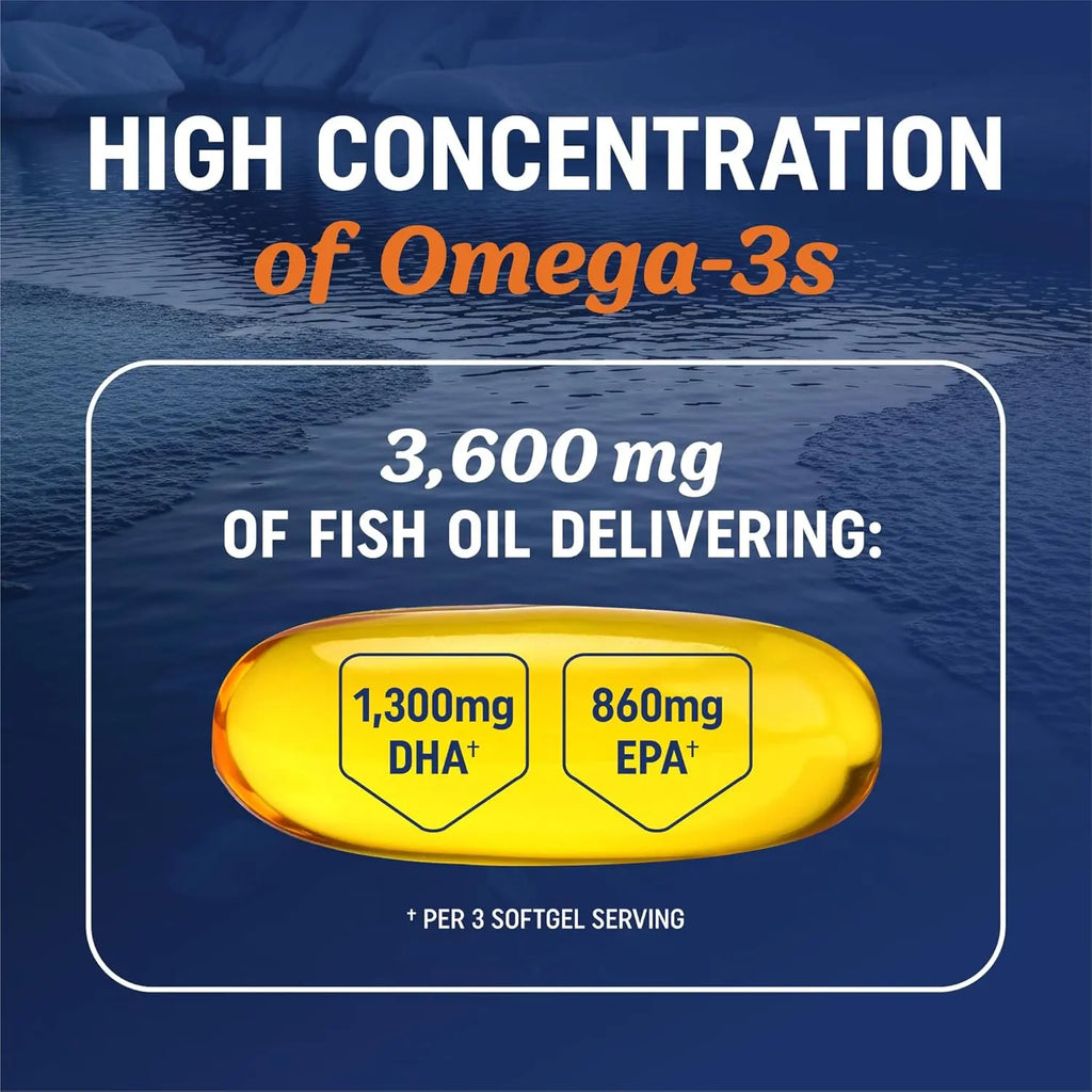 Triple Strength Omega 3 Fish Oil 3600 mg | EPA & DHA | Over 2100mg Omega-3 Fatty Acids | 1300mg EPA + 860mg DHA | Best Essential Fatty Acids | Premium Wild Caught & Burpless Fish Oil | 120 Ct