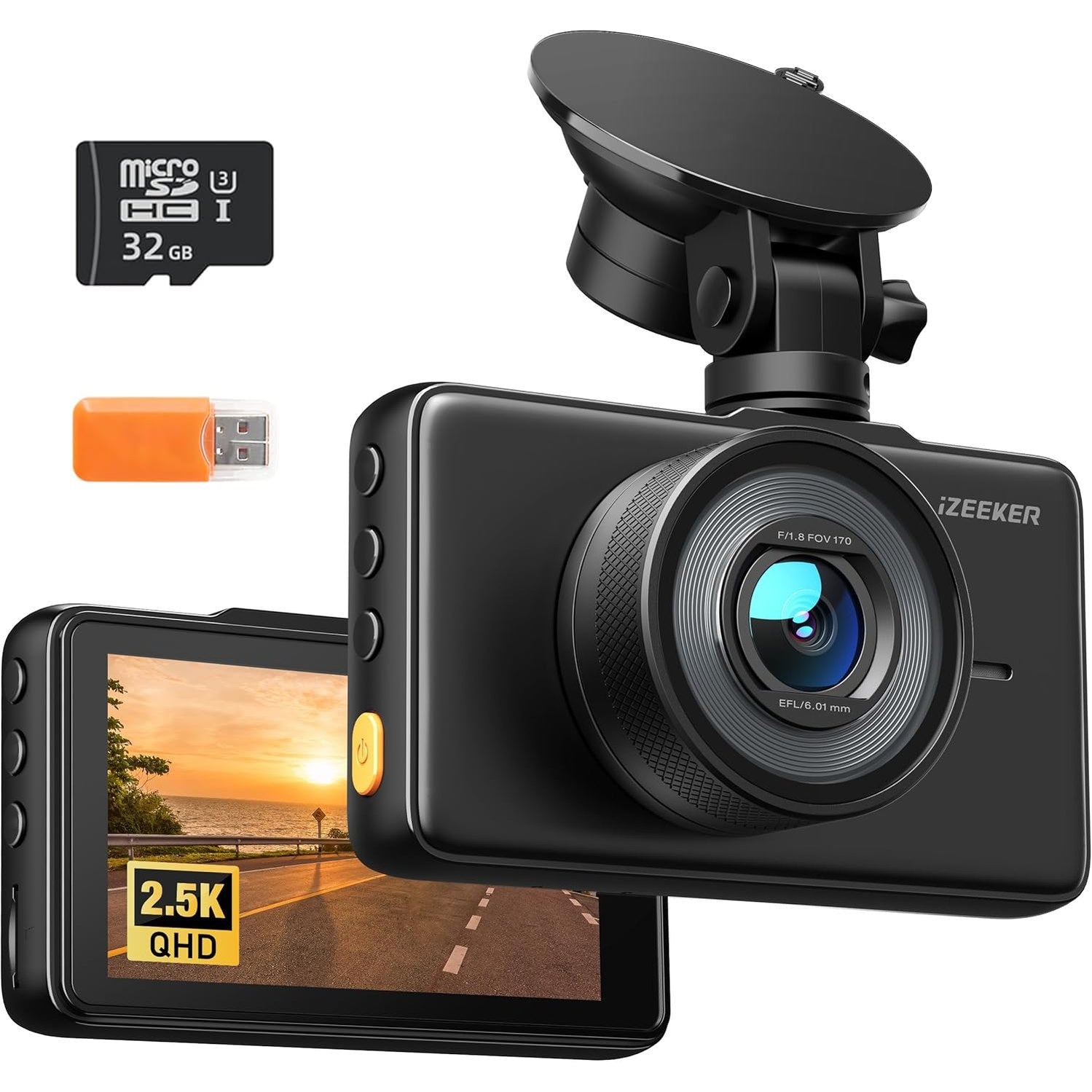 iZEEKER 2.5K Dash Cam, 1440P QHD Car Camera with Free 32GB Card, 3" IPS Display, Night Vision, WDR, 170°Wide Angle, Loop Recording, G-Sensor Emergency Recording, 24H Parking Mode, Type C