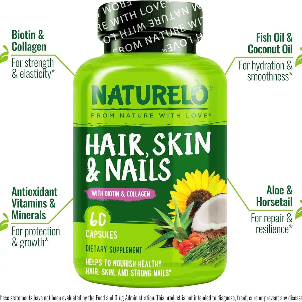 NATURELO Hair, Skin and Nails Vitamins - 5000 mcg Biotin, Collagen, Natural Vitamin E - Supplement for Healthy Skin, Hair Growth for Women and Men – 60 Capsules