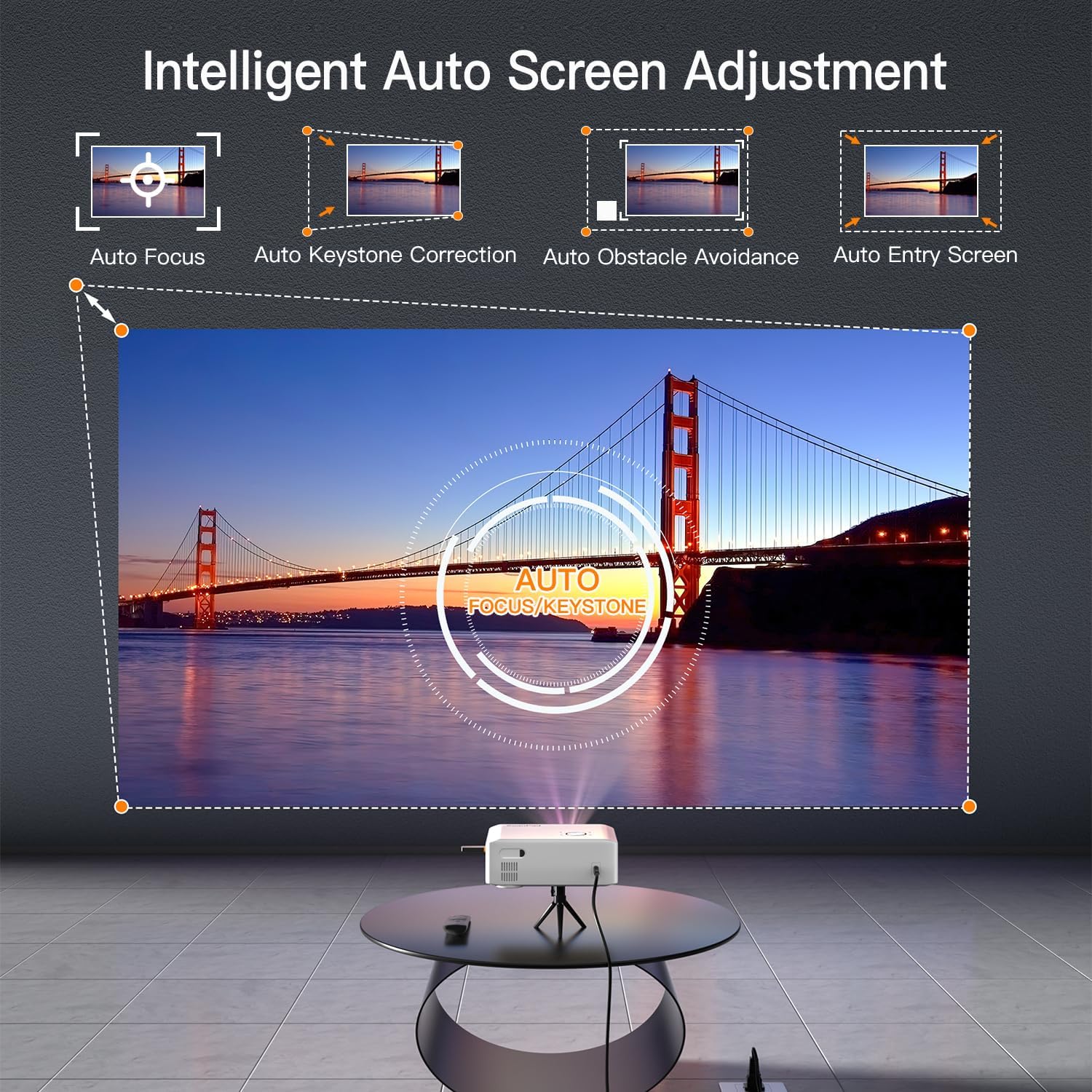 XuanPad Projector AI Auto Focus 26000L Native 1080P Smart Portable Projector 4K Supported Outdoor Home Cinema with Tripod for iOS Android TV Stick