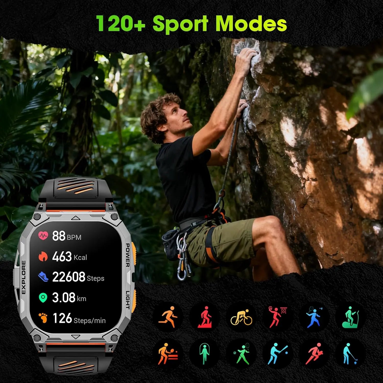 Military Smart Watch for Men, 2.01" HD Fitness Tracker with 100-Day Battery, Bluetooth Call,IP68 Waterproof, Heart Rate/Sleep/SpO2/Stress Monitor, 120+ Sports Modes for Android and iPhone