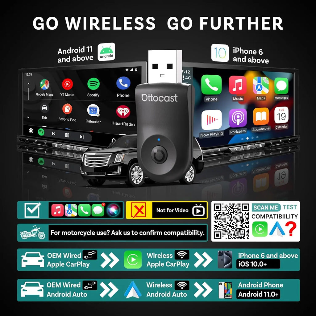 Ottocast dongle in front of infotainment screen displaying app icons and compatibility charts