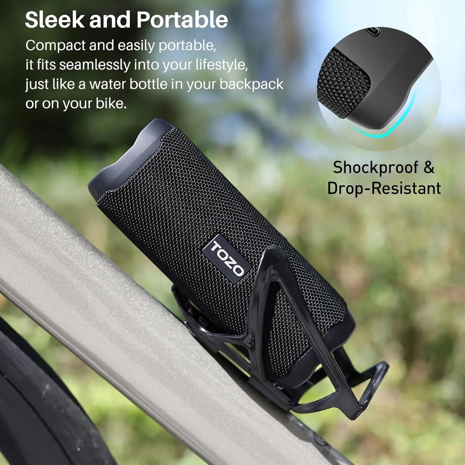 Shockproof black TOZO speaker mounted in bicycle bottle cage