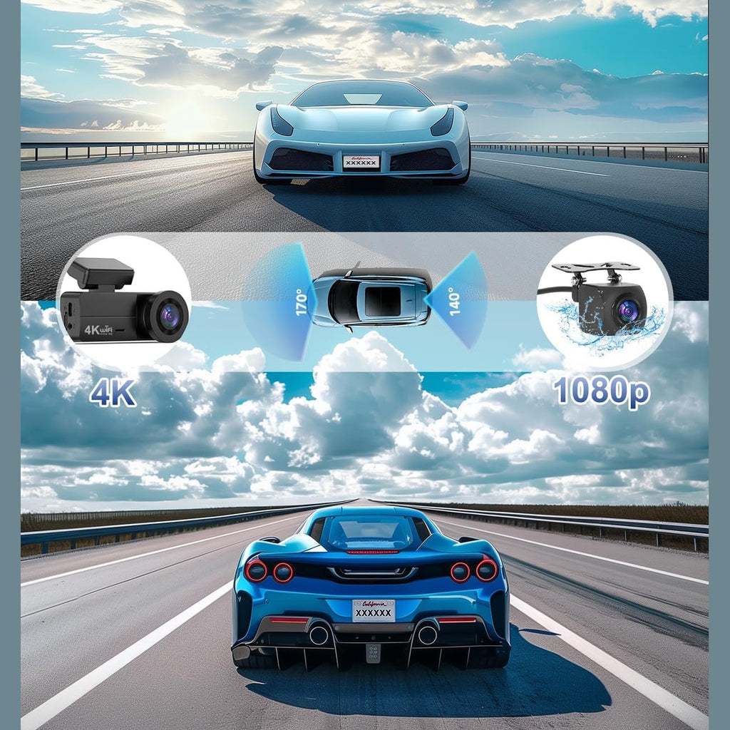 DYNACAM Dash Cam Front and Rear 4K+1080P, Dash Cam Inserted 64GB SD Card, Built-in WiFi Dash Camera for Cars, Super Night Vision Dashcam, 24H Parking Mode, G-Sensor, Loop Recording Car Camera