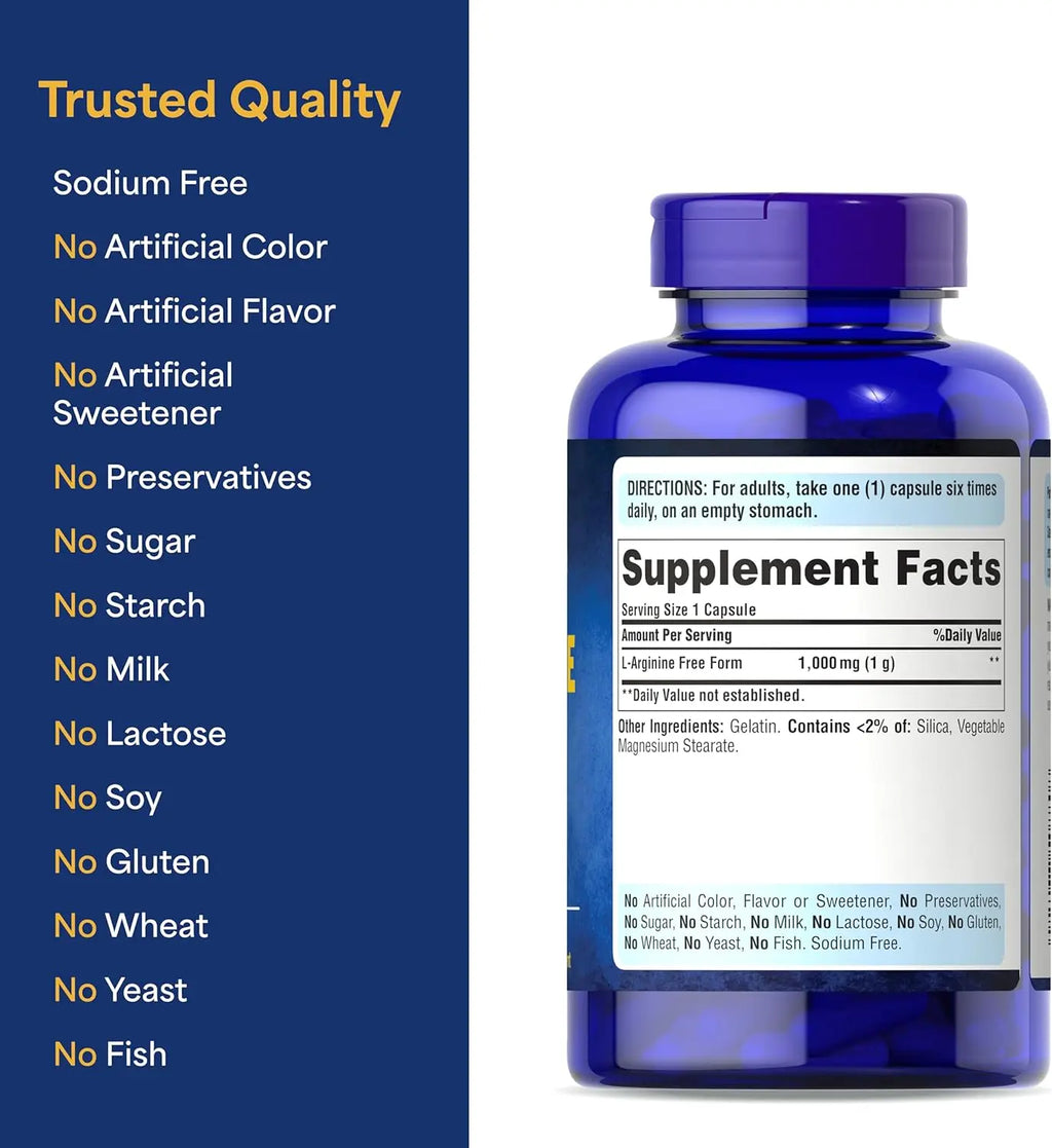 Puritan's Pride L-Arinine 1000mg, Dietary Supplement Supports Nitric Oxide Levels and Heart and Circulatory Heath, 100 Day Supply, 100 Tablets