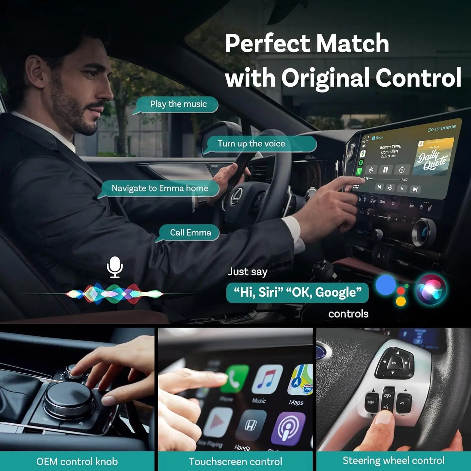 Driver using voice commands with Ottocast adapter integrated with original car control system