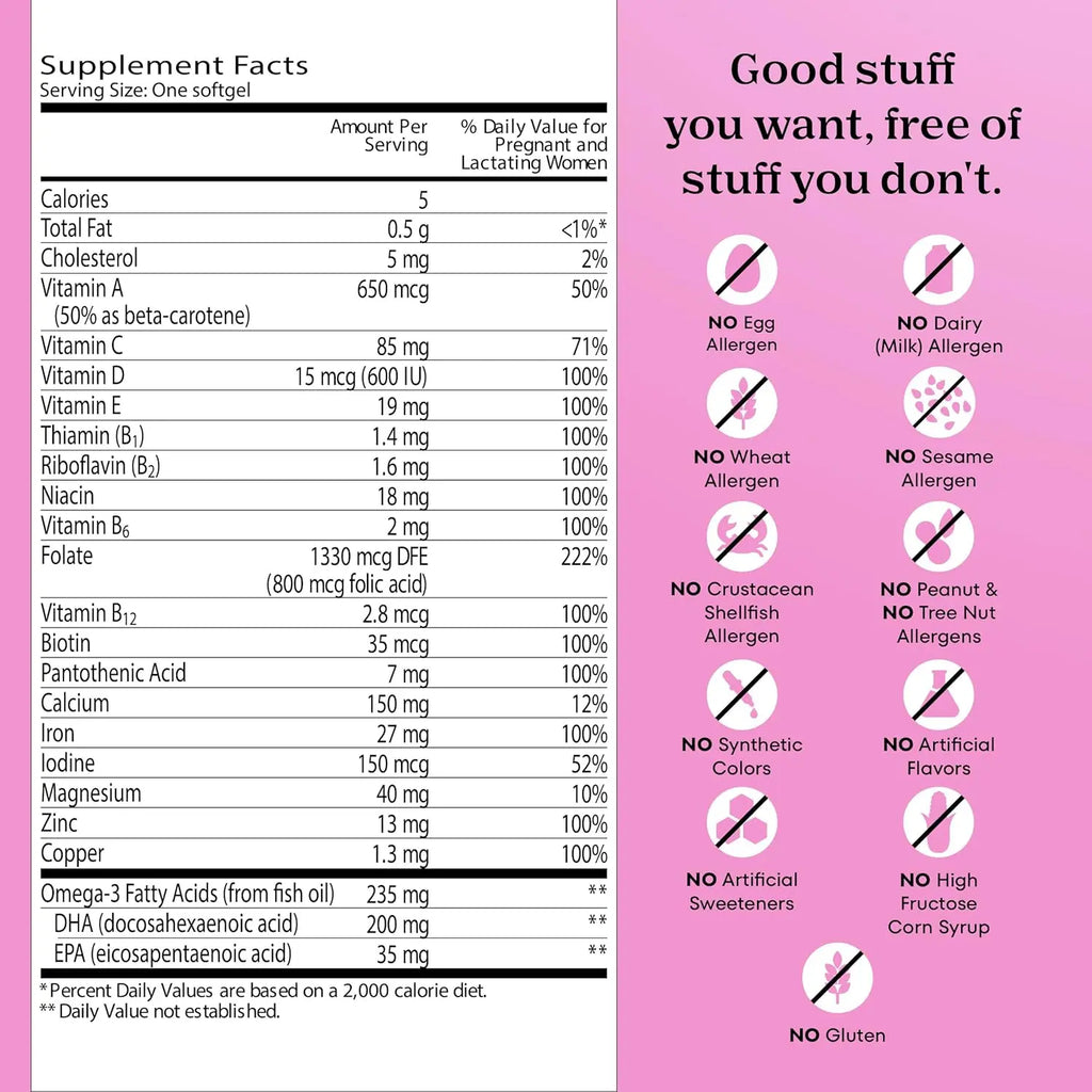 One A Day Prenatal vitamins allergen-free chart listing no gluten dairy or artificial ingredients