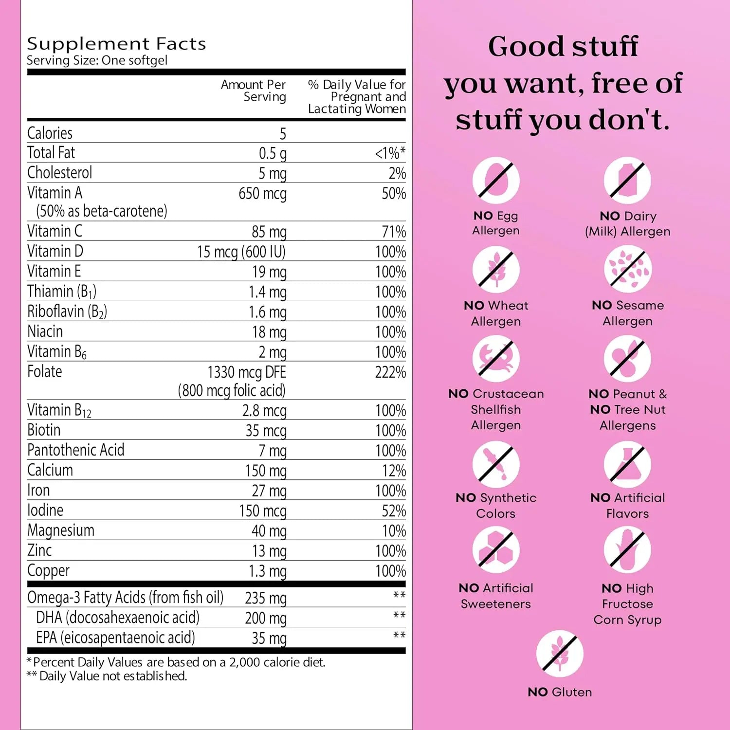 One A Day Prenatal vitamins allergen-free chart listing no gluten dairy or artificial ingredients