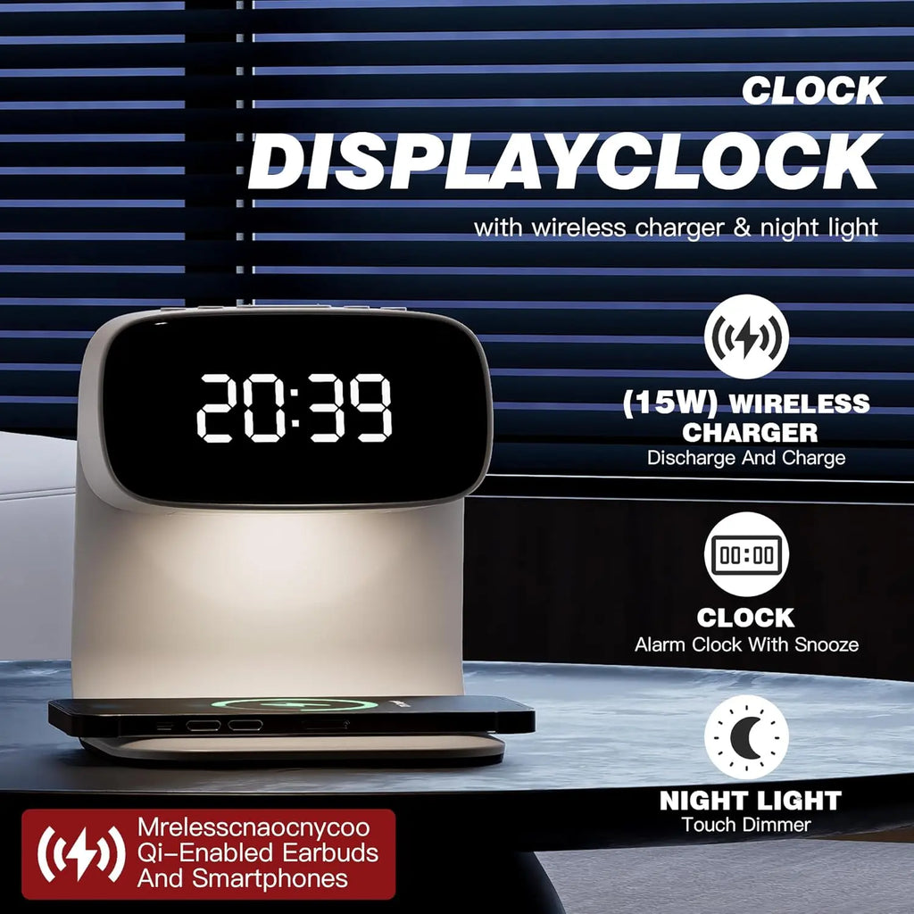YIDPU Digital Alarm Clock with Wireless Fast Charging Station 15W Touch Smart Lamp for Bedside,3 Colors Nightlight Adjustment Night Lamp for Living Room,Bedside,Heavy Sleepers (White+Cable&Adapter)