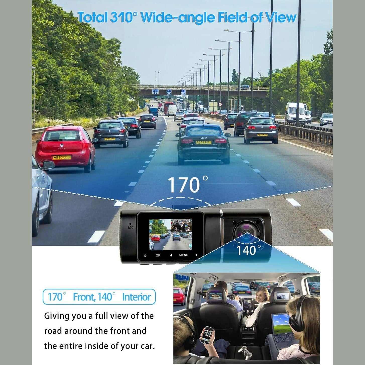 abask J05 Dash Cam Car 1080P Dash Cam Front Interior with 32GB SD Card, 310° Wide Angle View, Car Camera with Parking Monitoring, Motion Detection, Infrared Night Vision, G-Sensor, Loop Recording,