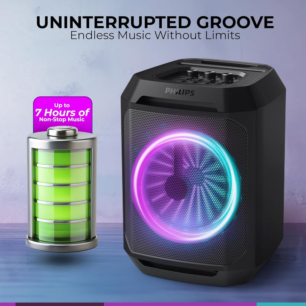 Philips Bluetooth Party Speaker, Dynamic Bass Boost, Bluetooth and Aux-in, Karaoke Microphone Input, Wireless Pairing for Stereo Sound, Up to 7 Hours Battery, Built-in Carry Handle, USB-C TAX2208
