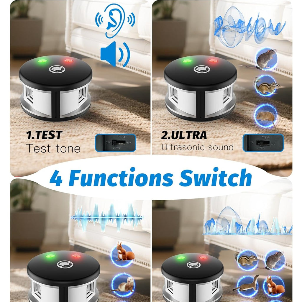 Plug in Squirrels Repeller Device, 360° Ultrasonic Mouse Repeller with High-Impact Ultrasonic and Pressure Waves Electric Mice Deterrent for Indoor Use Effective Drive Away Mouse Rodent Silver