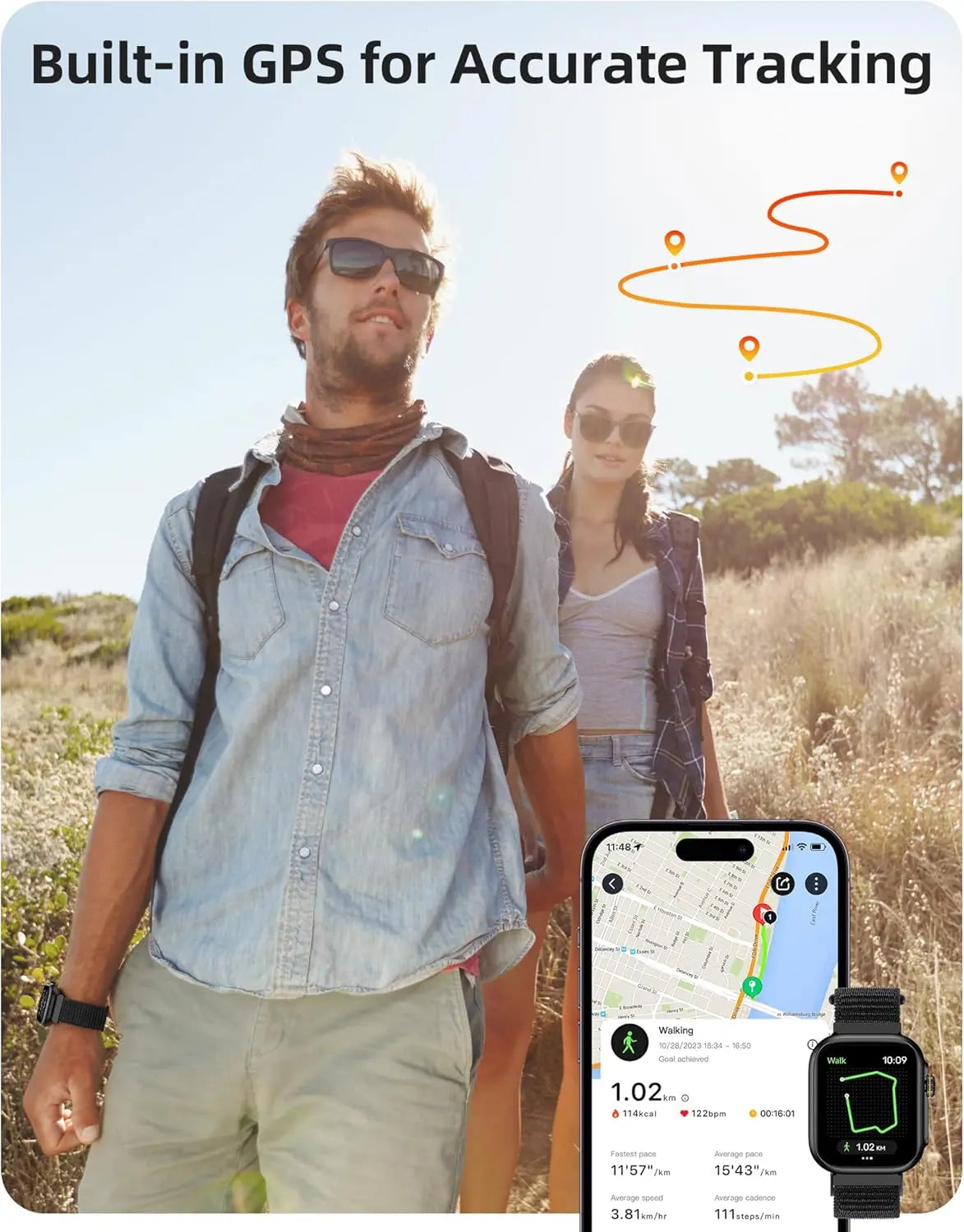 Parsonver smartwatch built-in GPS tracking for walking route on couple wrist