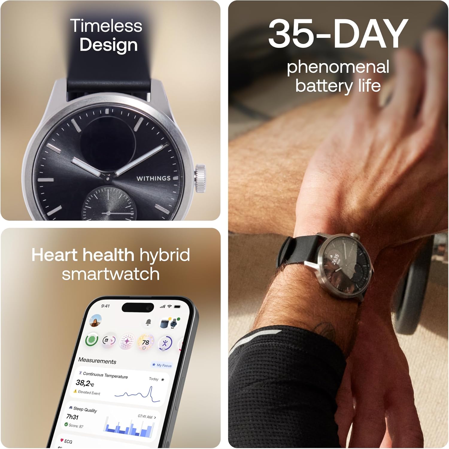 WITHINGS ScanWatch 2 - Women's Men's Health Smartwatch, ECG, SpO2, Temperature, Sleep Tracking, Respiratory Health, Waterproof, 30-Day Battery, 30-Day Battery, Android & iOS