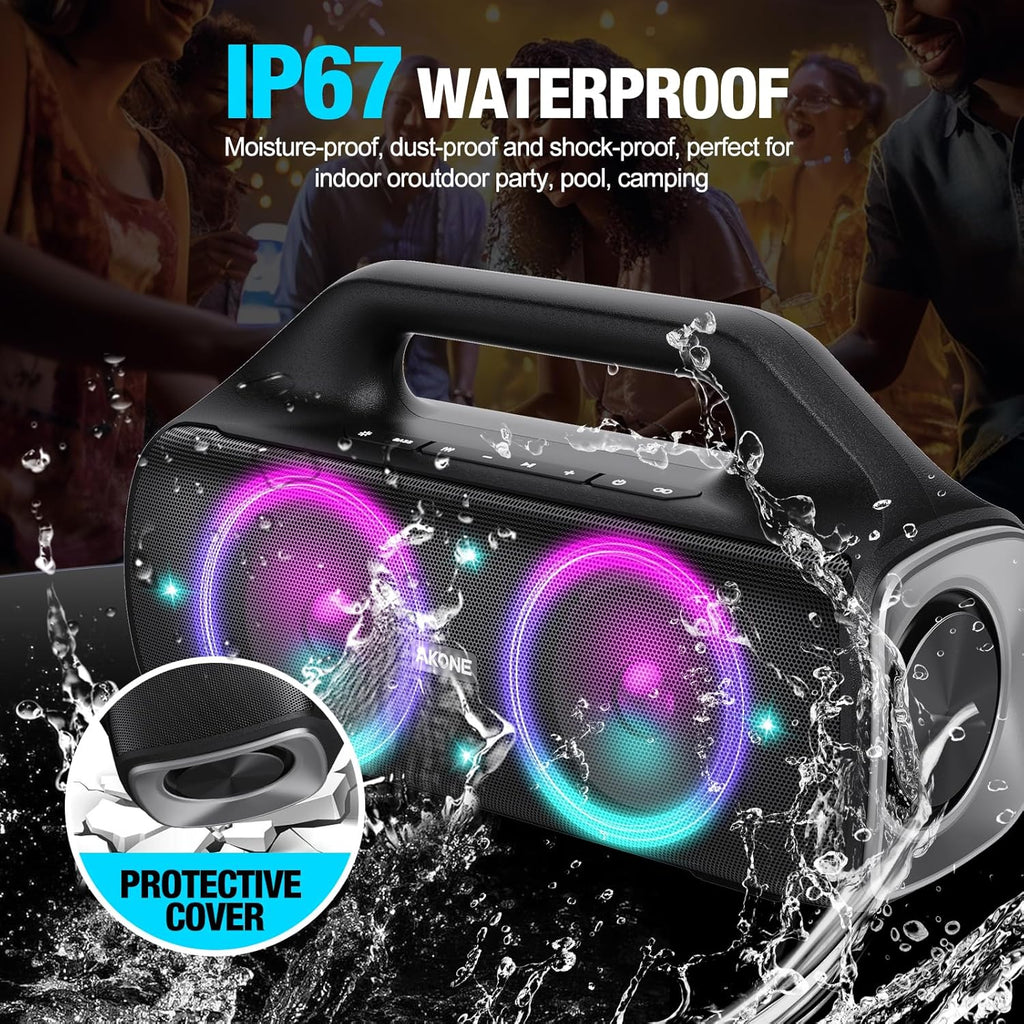 AKONE Portable Bluetooth Speaker, 80W Peak Wireless Outdoor Speaker with LED Light, Deep Bass, 20 Hour Playtime, IP67 Waterproof Bluetooth Speaker, Loud Party Speakers for Camping, Beach, Garage