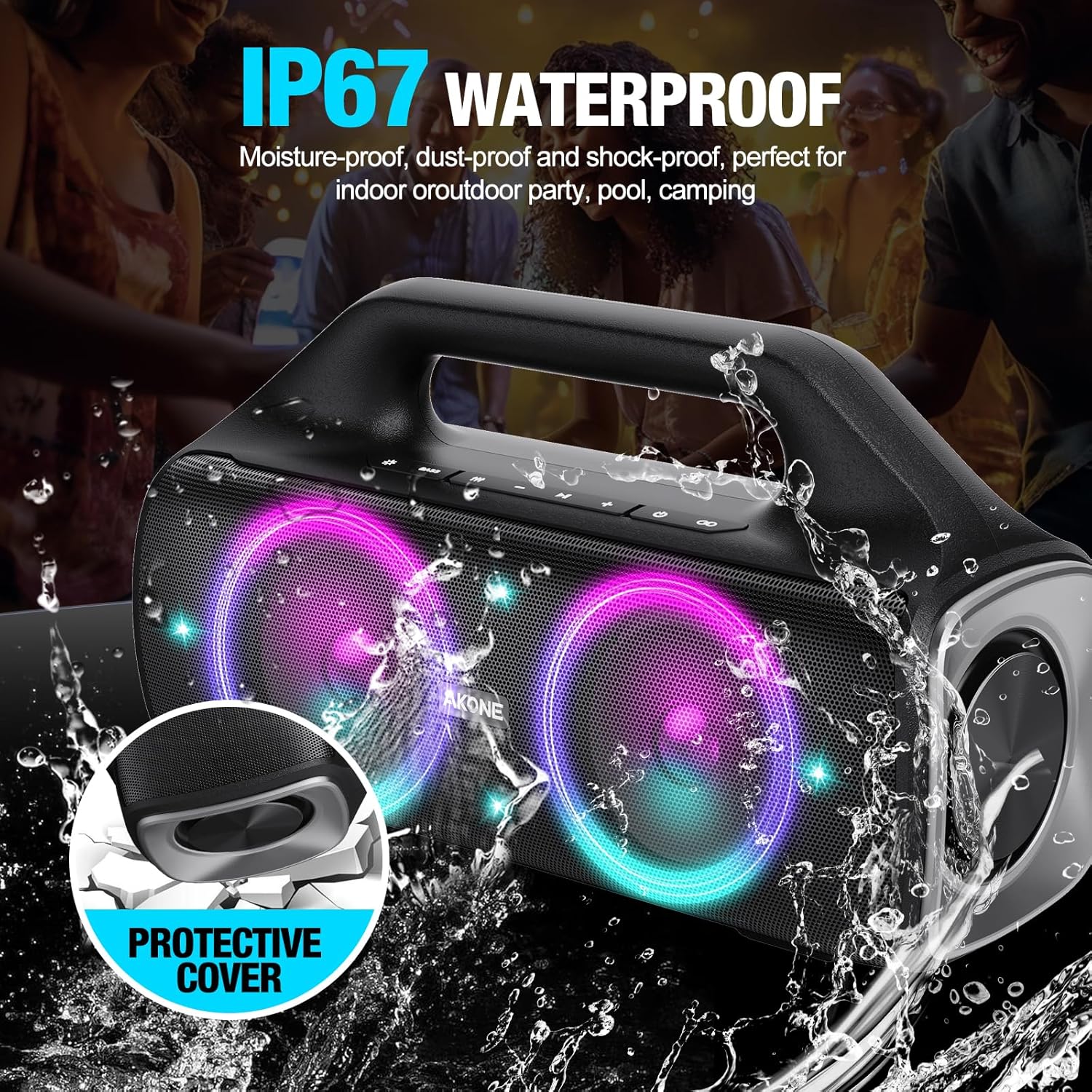 AKONE Portable Bluetooth Speaker, 80W Peak Wireless Outdoor Speaker with LED Light, Deep Bass, 20 Hour Playtime, IP67 Waterproof Bluetooth Speaker, Loud Party Speakers for Camping, Beach, Garage