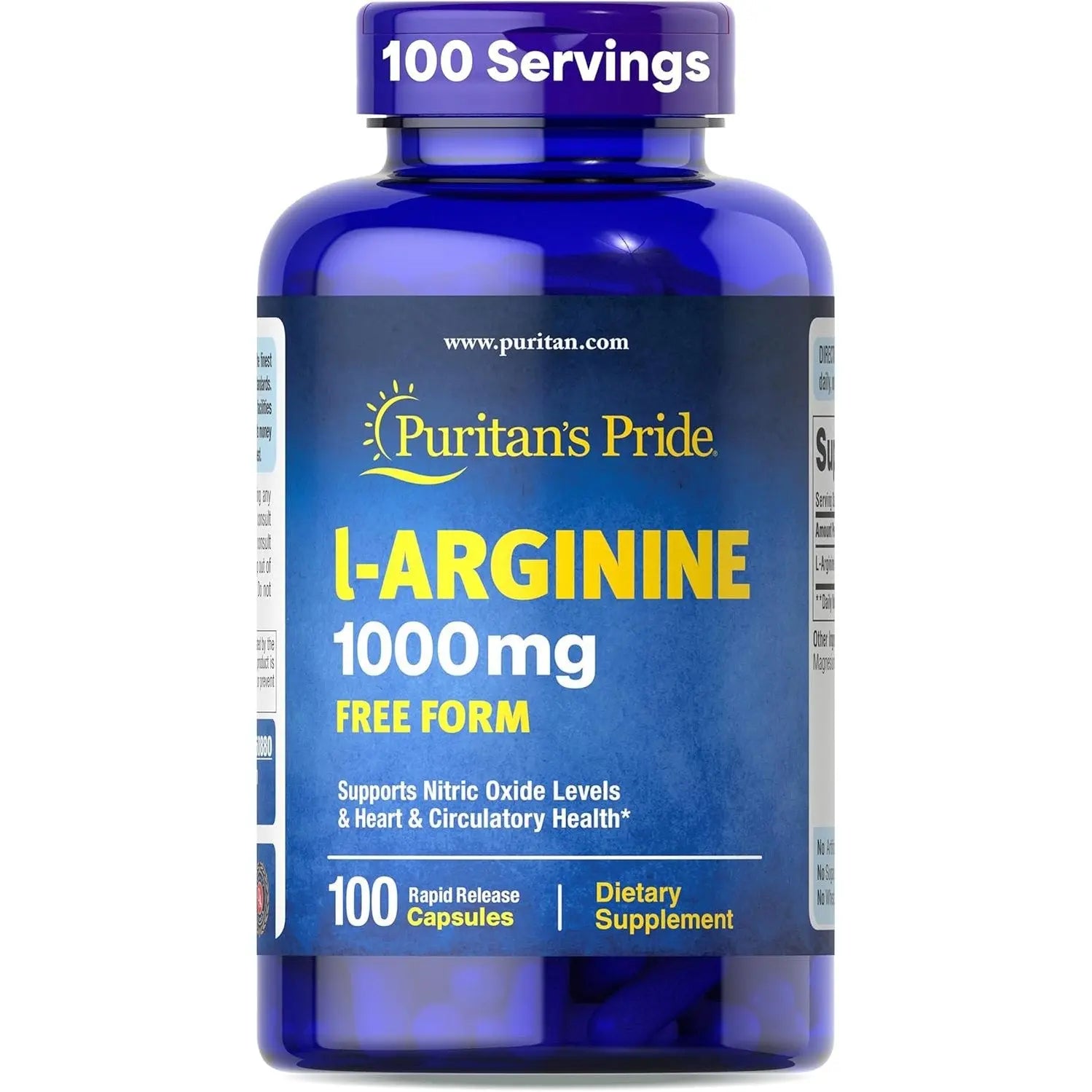 Puritan's Pride L-Arinine 1000mg, Dietary Supplement Supports Nitric Oxide Levels and Heart and Circulatory Heath, 100 Day Supply, 100 Tablets