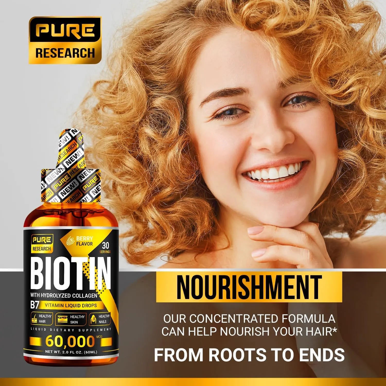 Woman with curly blonde hair next to biotin collagen liquid drops bottle