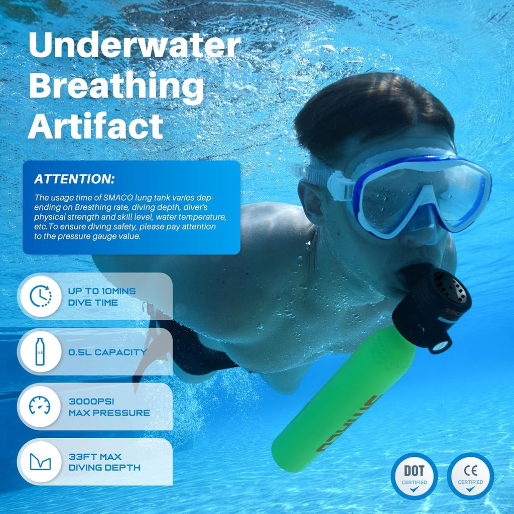 SMACO Mini Scuba Tank 0.5L Portable Small Diving Tank for Underwater Breathing Reusable Diving Cylinder up to 10 Minutes Dive Time Lung Diving Tank Emergency Rescue Pony Bottle S300