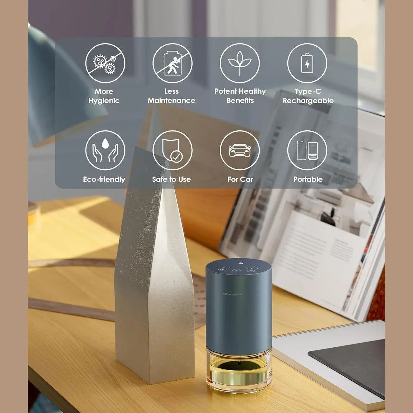 Essential Oil Diffuser Water Free Aromatherapy Home Large Room Bedroom Car Office Desk Battery Operated Small Pure Fragrance Diffuser AN2 (Desert Titanium)