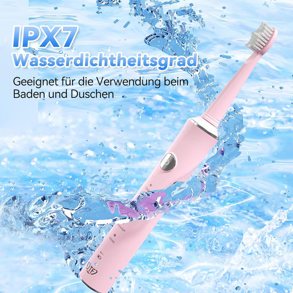 JTF Electric Toothbrush, Sonic Toothbrush with 8 Brush Heads, 5 Modes & Smart Memory, 2 Minute Timer, IPX7 Waterproof, Rechargeability, Quick Charge 3H, Adults (Pink)