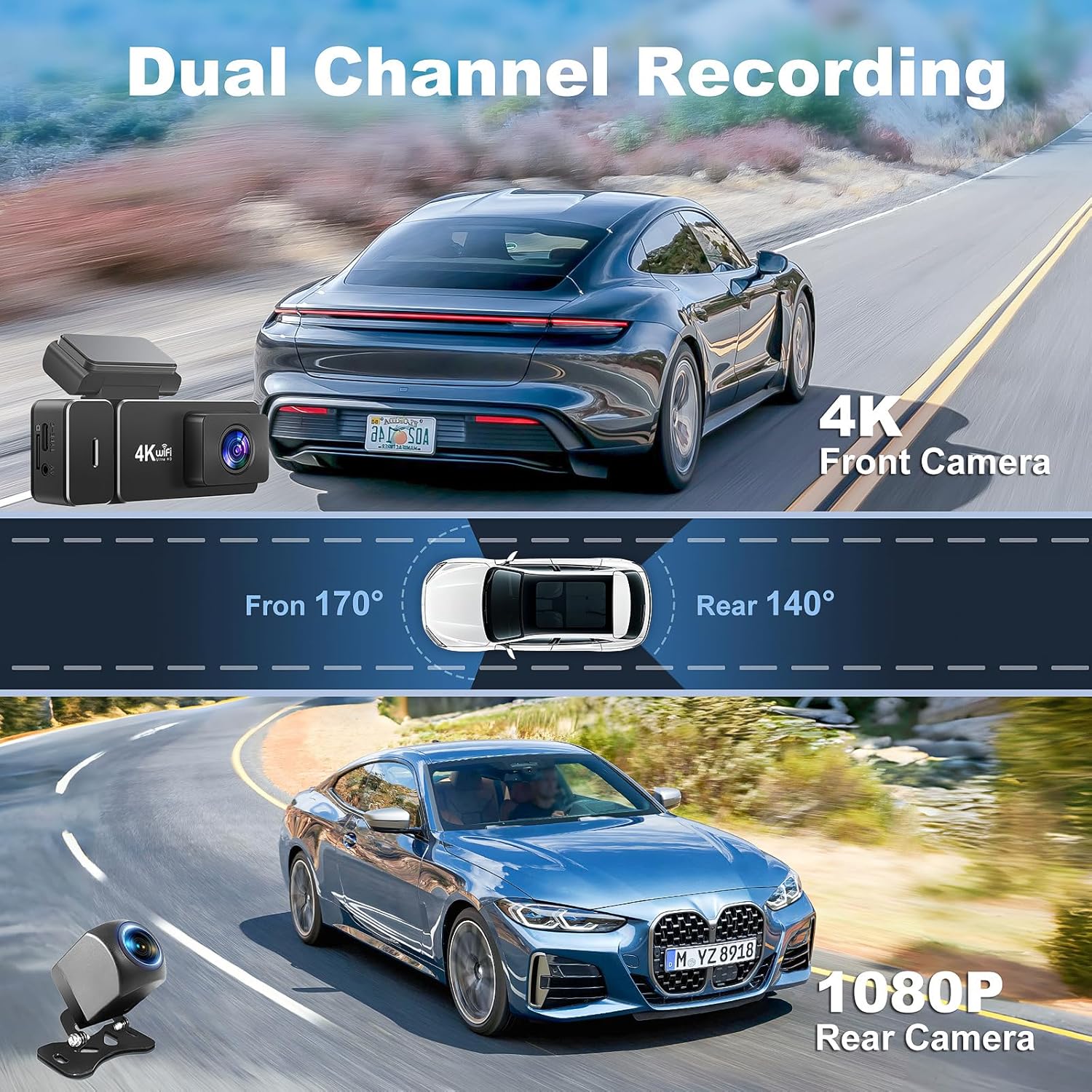 Dash Cam Front and Rear 4k+1080P, CHORTAU WiFi Dual Dash Cam with APP, 2.99’’ IPS Dash Camera for Cars with Free 64GB Card, Dashboard Camera with Night Vision, 24/7 Parking Monitor, WDR