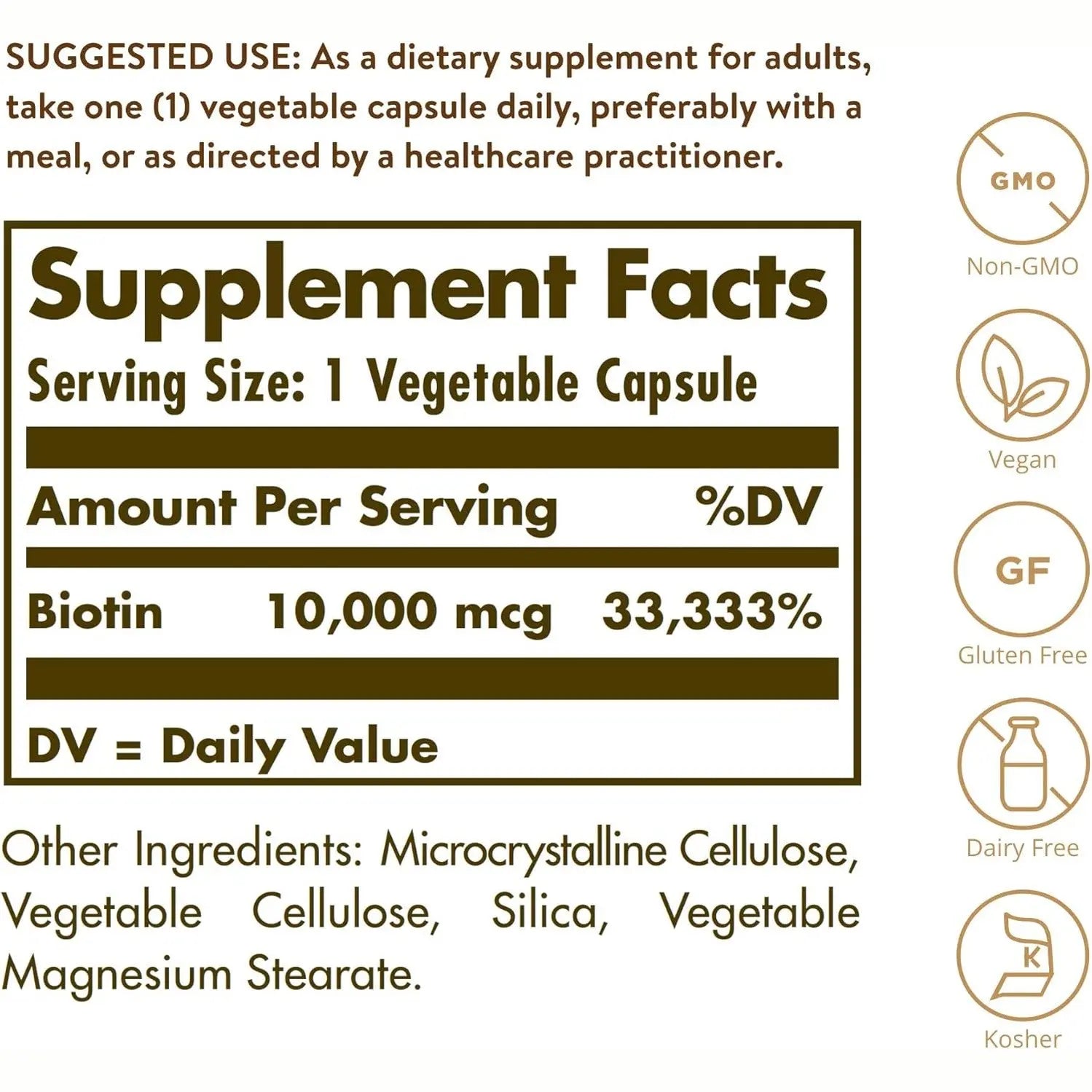 Solgar Biotin 10000 mcg Vegetable Capsules Energy Metabolism Promotes Healthy Skin Nails Hair Super High Potency NonGMO Vegan Gluten Free Dairy Free Kosher Servings, Standard Packaging, Unflavored, 120 Count