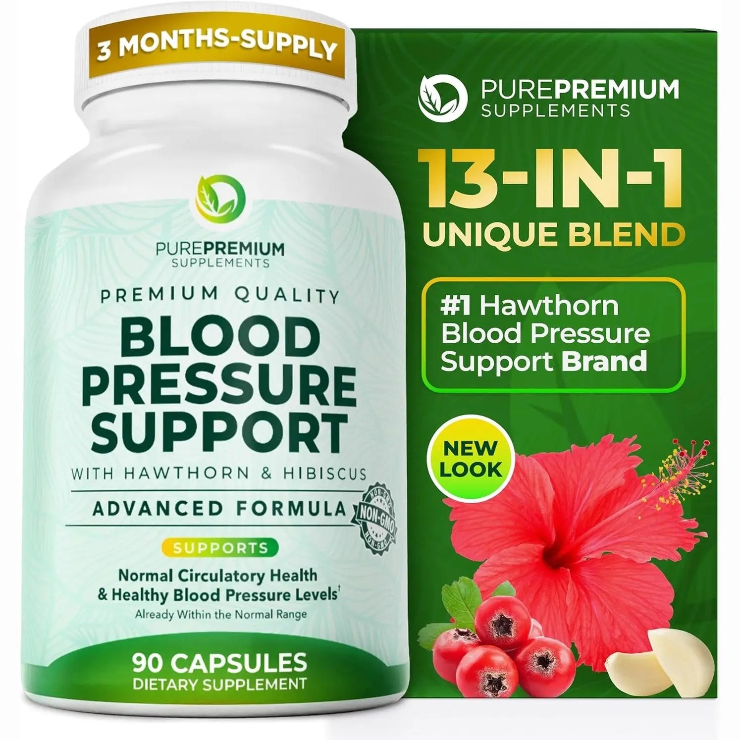 PurePremium Blood Pressure Supplements with Hawthorn Berry, Hibiscus, Garlic & Vitamin B12- Nitric Oxide Supplement for Normal Heart Health, Circulation Health & Blood Pressure Support - 90ct
