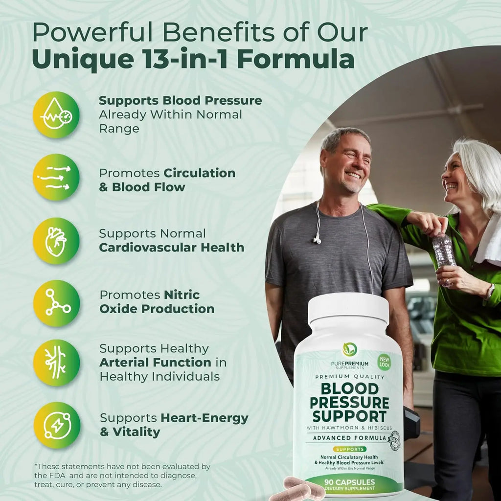 PurePremium Blood Pressure Supplements with Hawthorn Berry, Hibiscus, Garlic & Vitamin B12- Nitric Oxide Supplement for Normal Heart Health, Circulation Health & Blood Pressure Support - 90ct