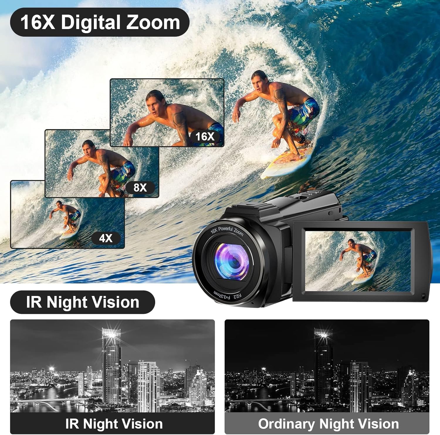 5K Video Camera Camcorder, 48MP Wifi IR Night Vision Vlogging Camera, 16X Digital Zoom Touchscreen Camera, 6Axis Anti-Shake with External Microphone, Lens Hood, Stabiliser, Remote Control &2 Batteries