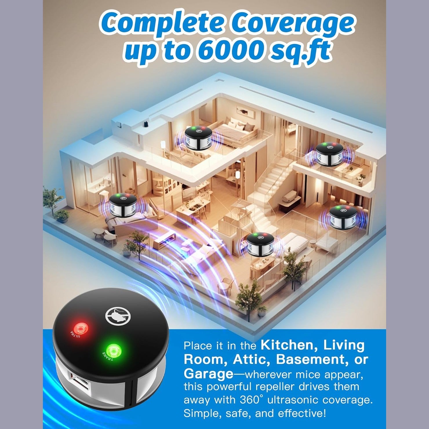 Plug in Squirrels Repeller Device, 360° Ultrasonic Mouse Repeller with High-Impact Ultrasonic and Pressure Waves Electric Mice Deterrent for Indoor Use Effective Drive Away Mouse Rodent Silver