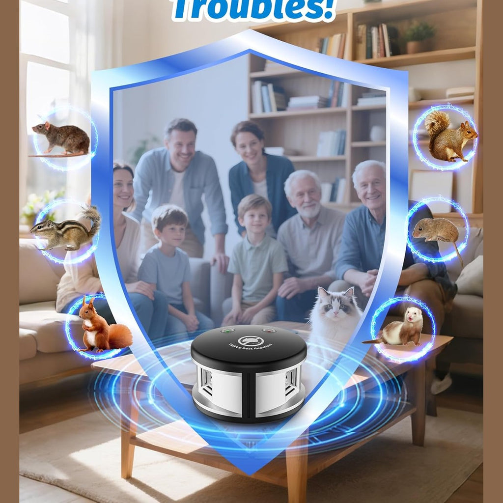 Plug in Squirrels Repeller Device, 360° Ultrasonic Mouse Repeller with High-Impact Ultrasonic and Pressure Waves Electric Mice Deterrent for Indoor Use Effective Drive Away Mouse Rodent Silver