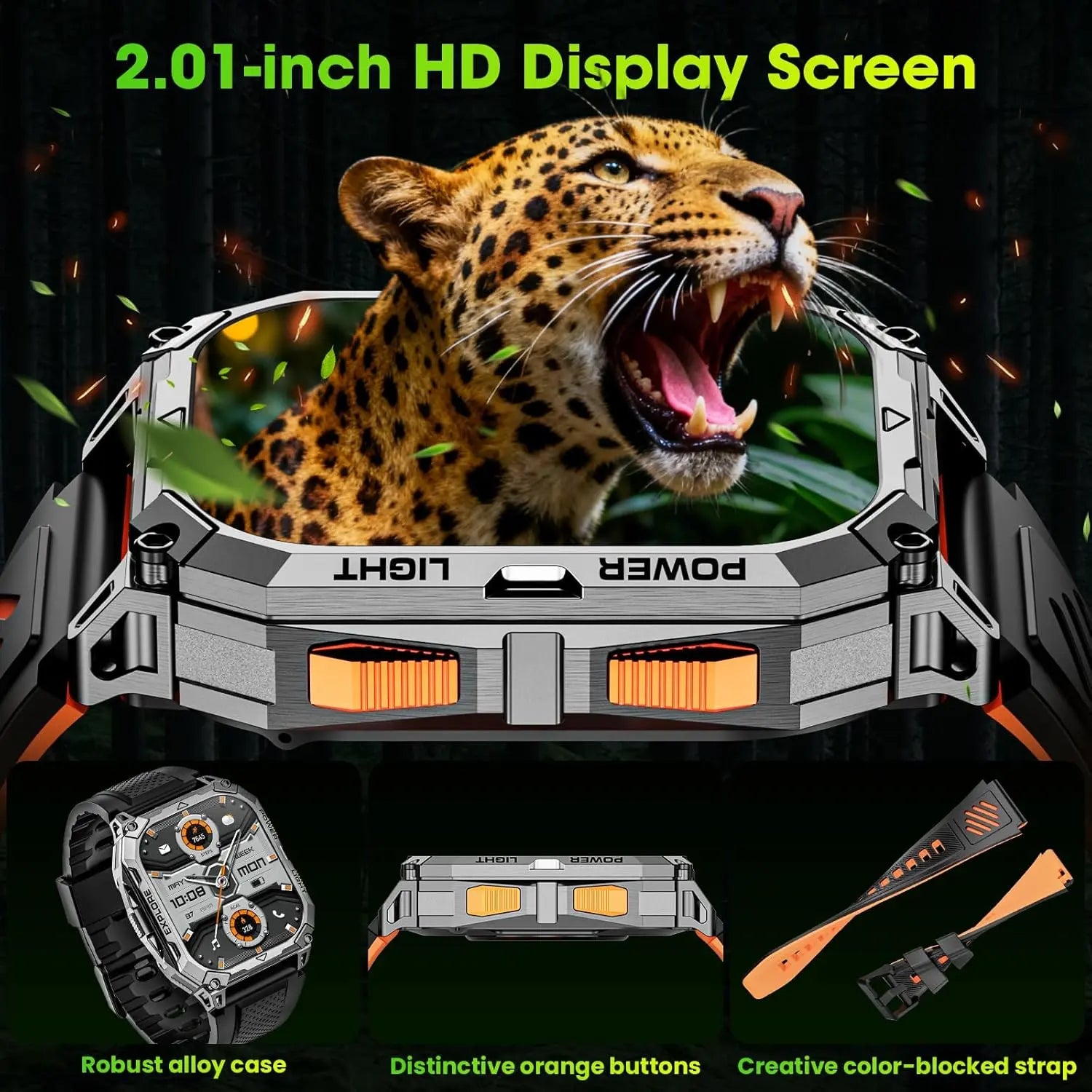 Military Smart Watch for Men, 2.01" HD Fitness Tracker with 100-Day Battery, Bluetooth Call,IP68 Waterproof, Heart Rate/Sleep/SpO2/Stress Monitor, 120+ Sports Modes for Android and iPhone