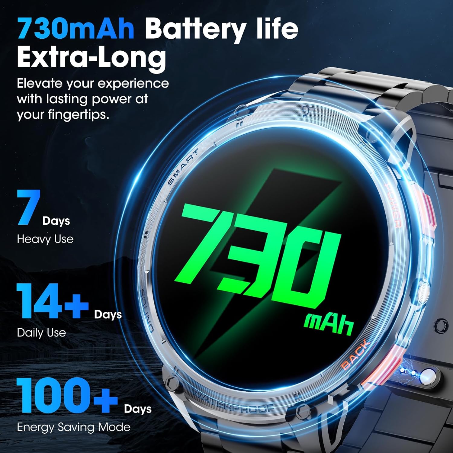 Military Smart Watch for Men 1.85" HD 730mAh Battery Smart Watches with LED Flashlight for Android iOS （Bluetooth Call Answer/Dial Calls） Fitness Tracker with Heart Rate Blood Black Steel Strip