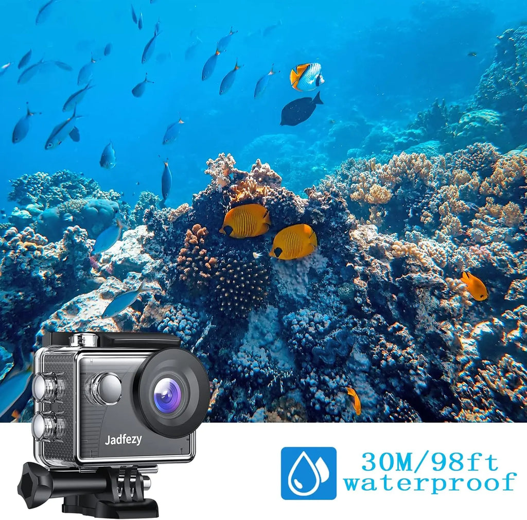 Jadfezy black waterproof action camera with textured grip for underwater diving up to 30m