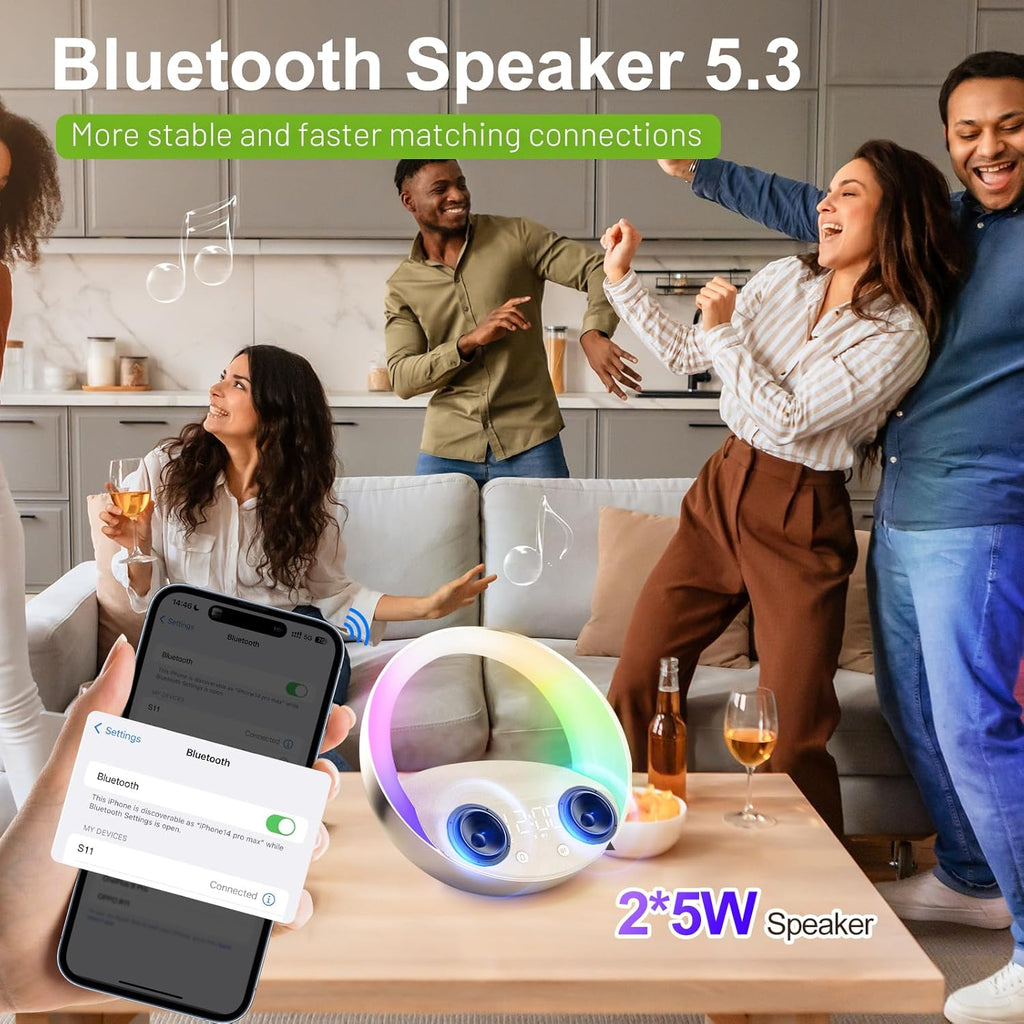FUNFOR Bluetooth Speaker with Wireless Charger, Sunrise Simulation Wake Up Night Light, 18W Fast Wireless Charging for Bedroom, Adjustable LED RGB Mode 12/24H Sleep Aid Snooze (Gold)