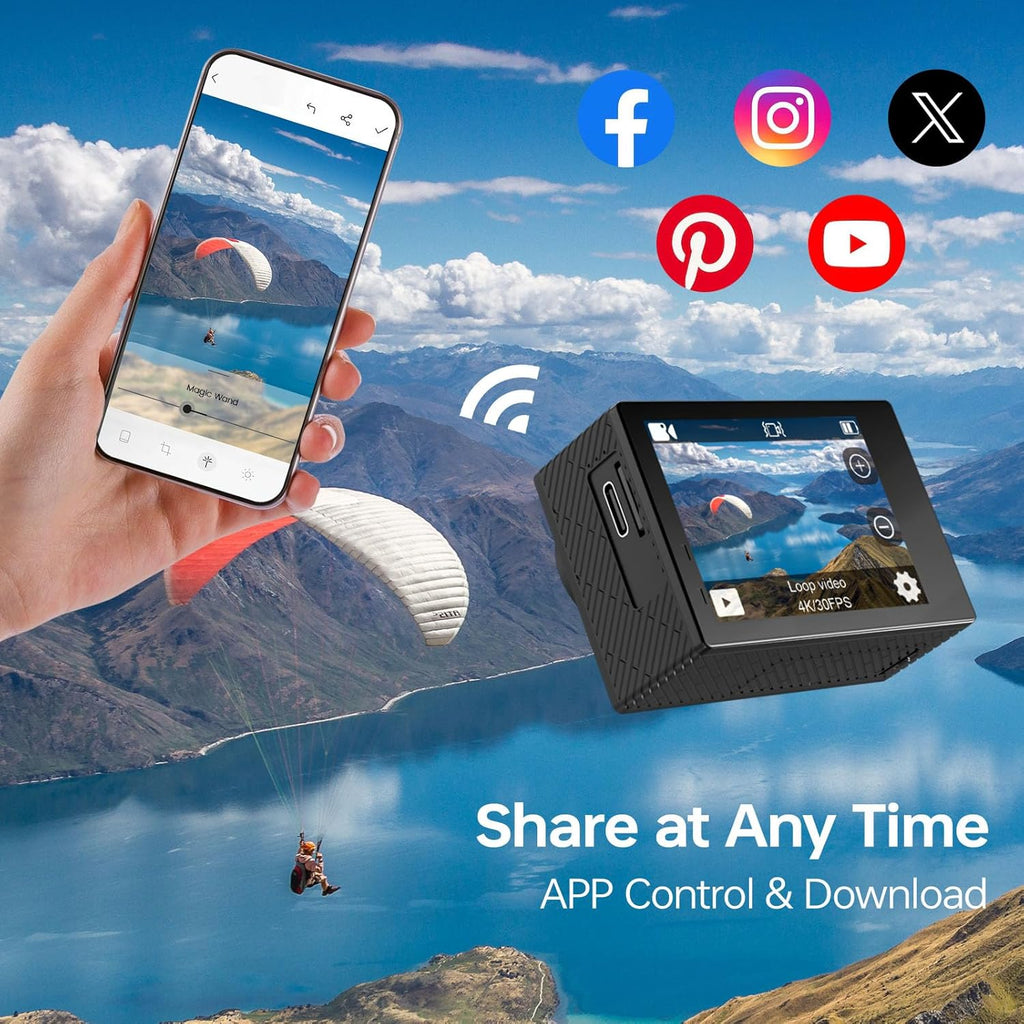 Hiicam Speed 10 Action Cam, 5K30FPS 30MP Action Cam 40M Underwater Camera Waterproof WiFi 170° Ultra Wide Angle Ice Action Cameras Zoom 5X with Remote Control and 2x 1350mAh Batteries 64GB Memory Card